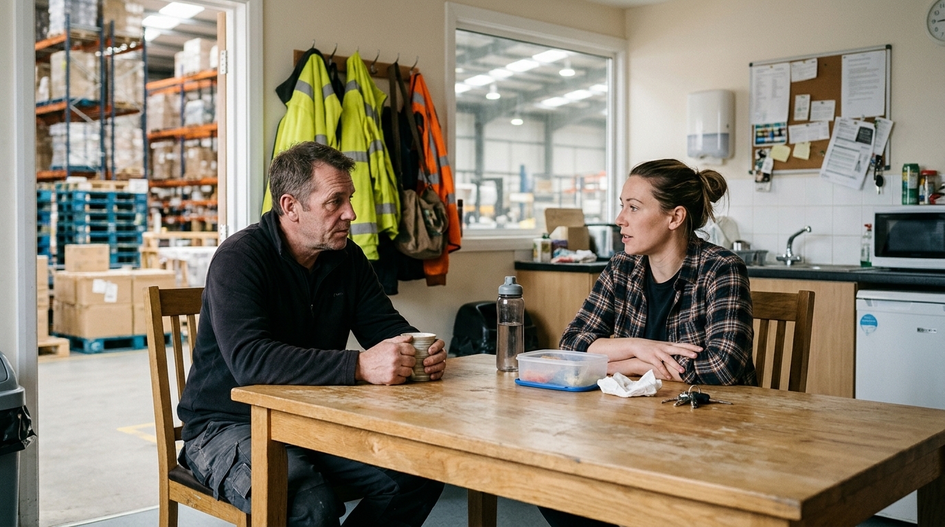 Colleagues talking in staff kitchen