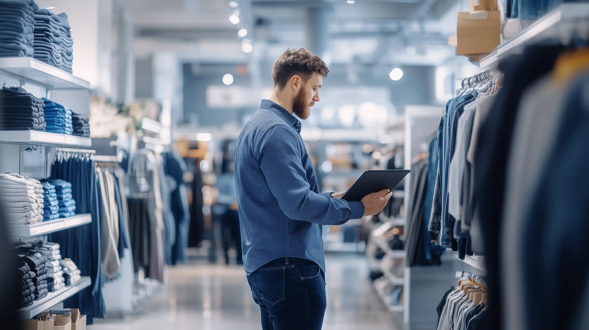 A retail worker doing inventory