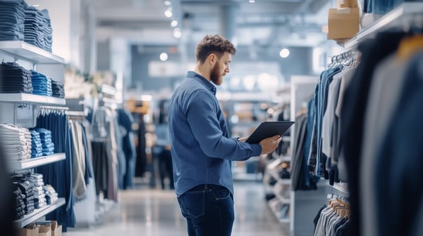 A retail worker doing inventory