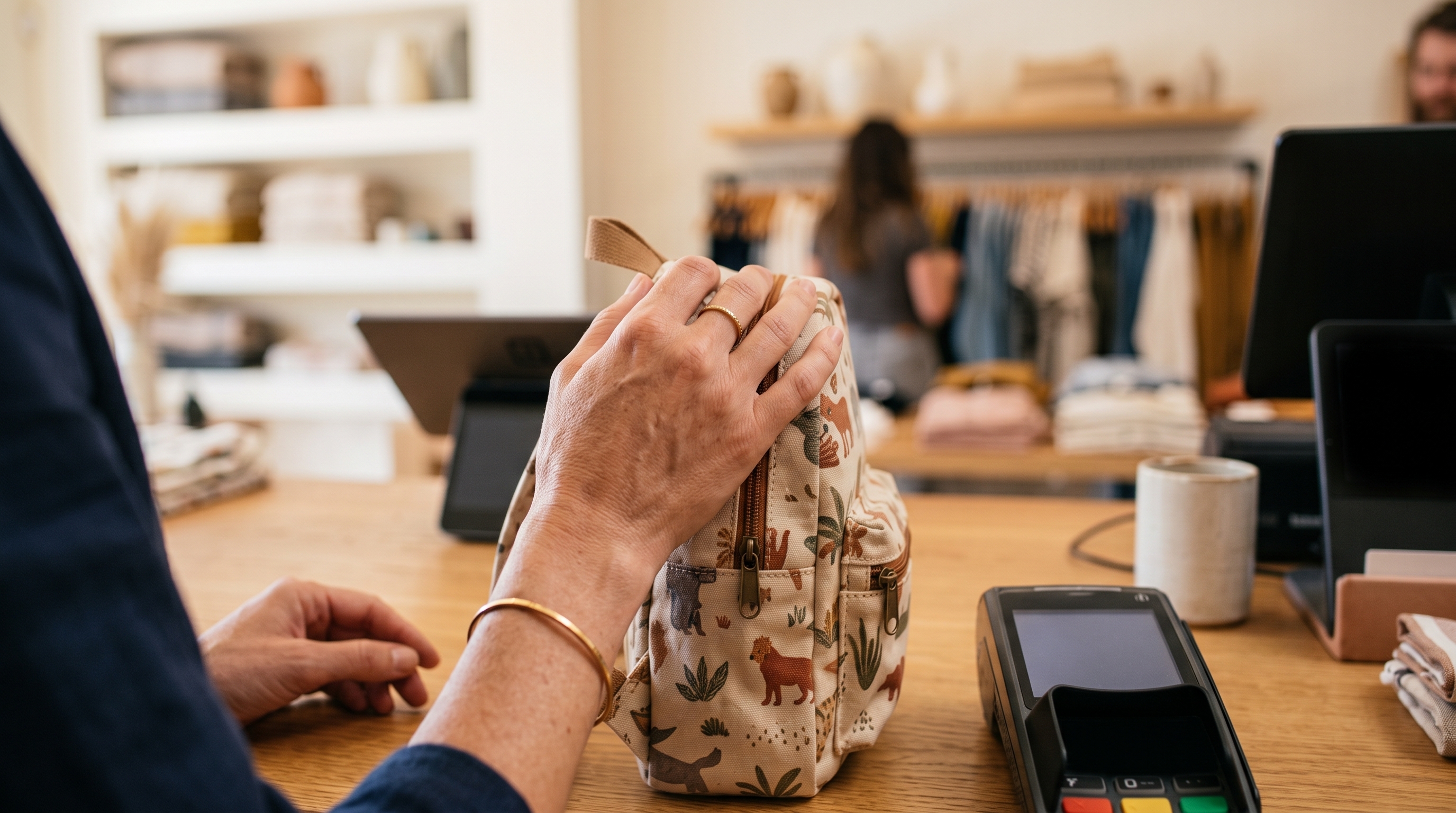Customer_holding_kids_backpack