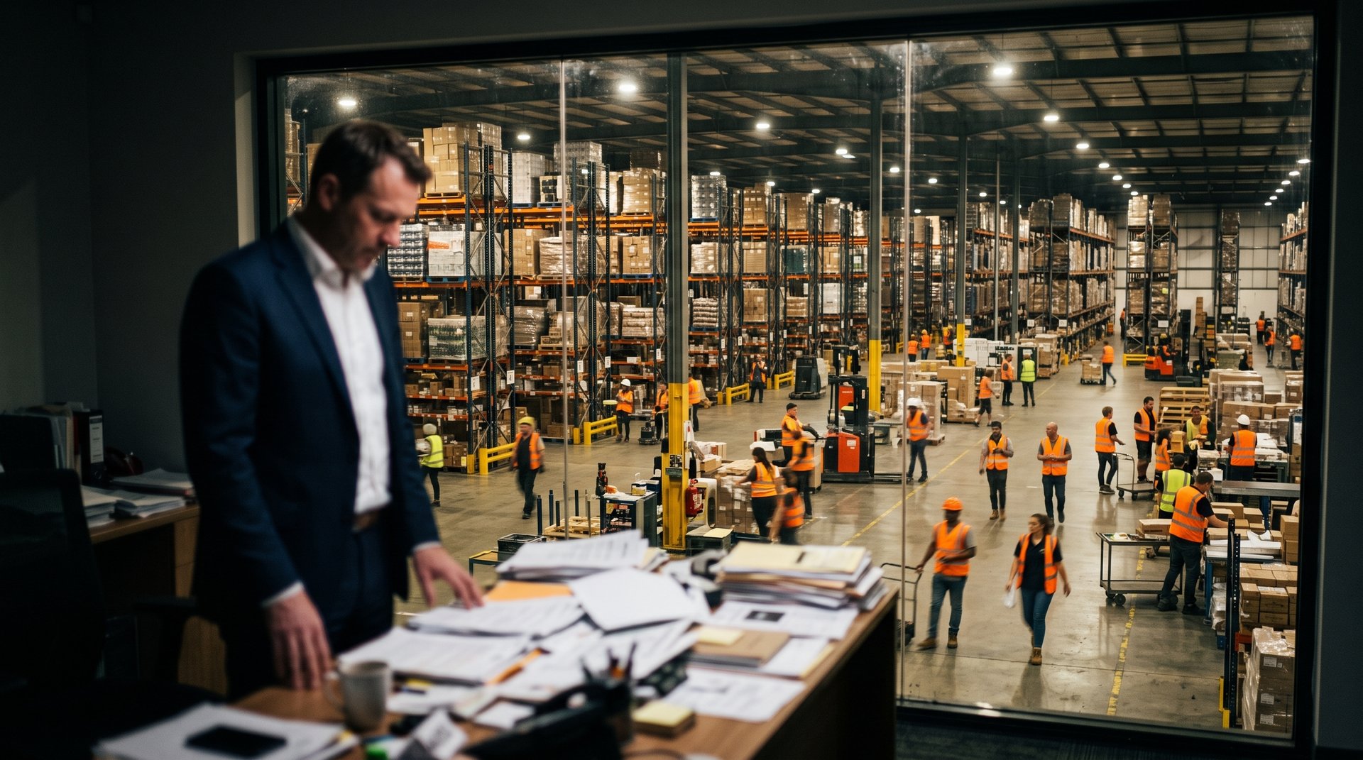 A manager sorting documents overlooking a busy warehouse