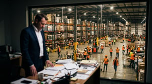 A manager sorting documents overlooking a busy warehouse