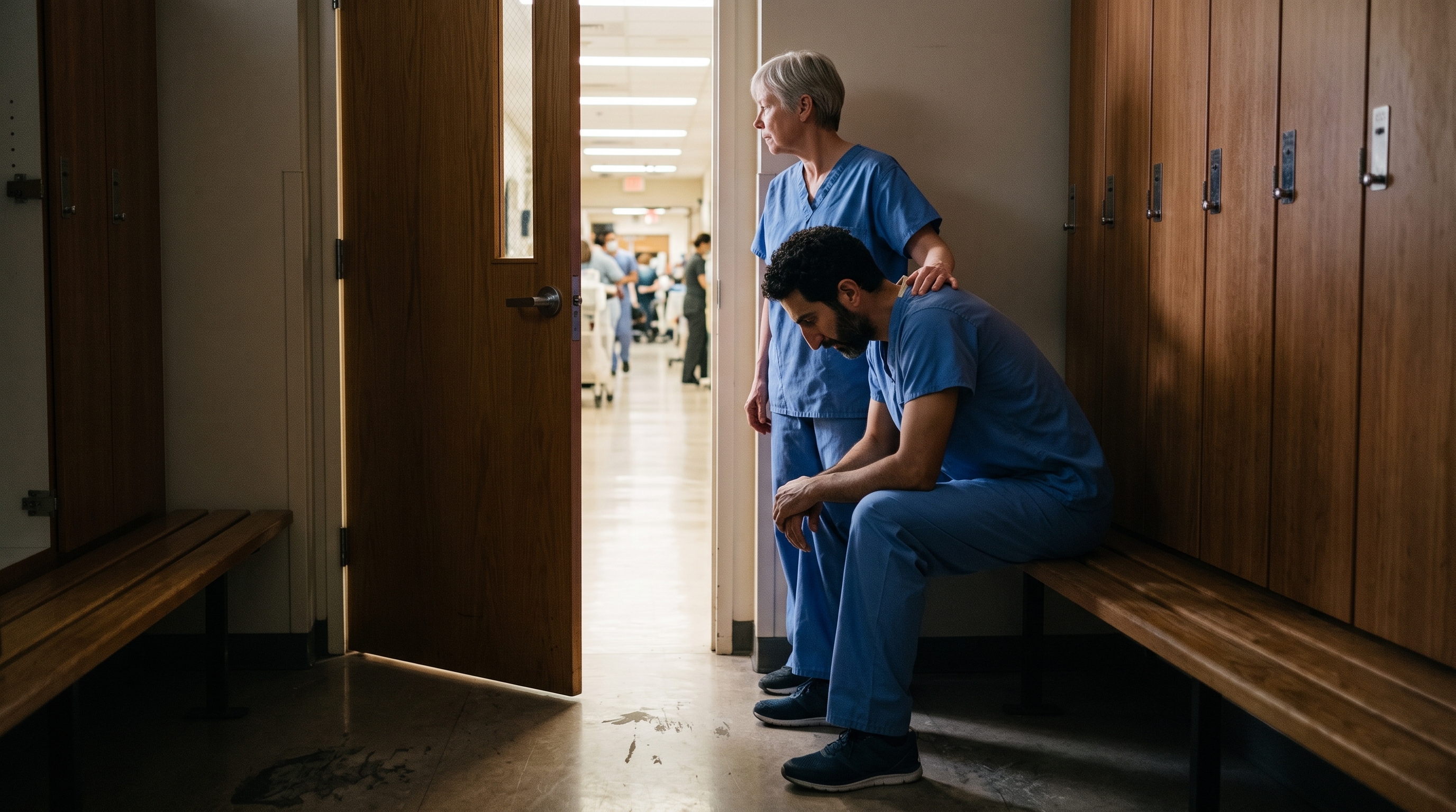 A healthcare worker being comforted by a colleague