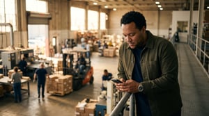 A manager checking his phone above the warehouse floor