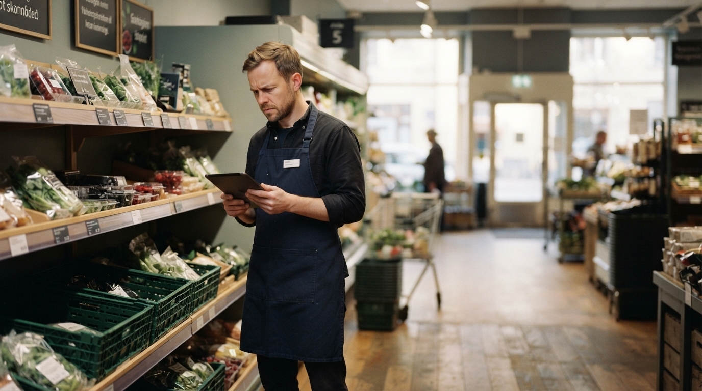 Retail Manager studies tablet in store