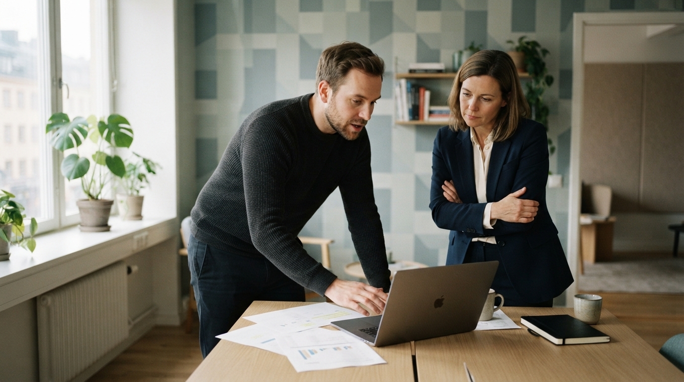 Two colleagues looking through numbers