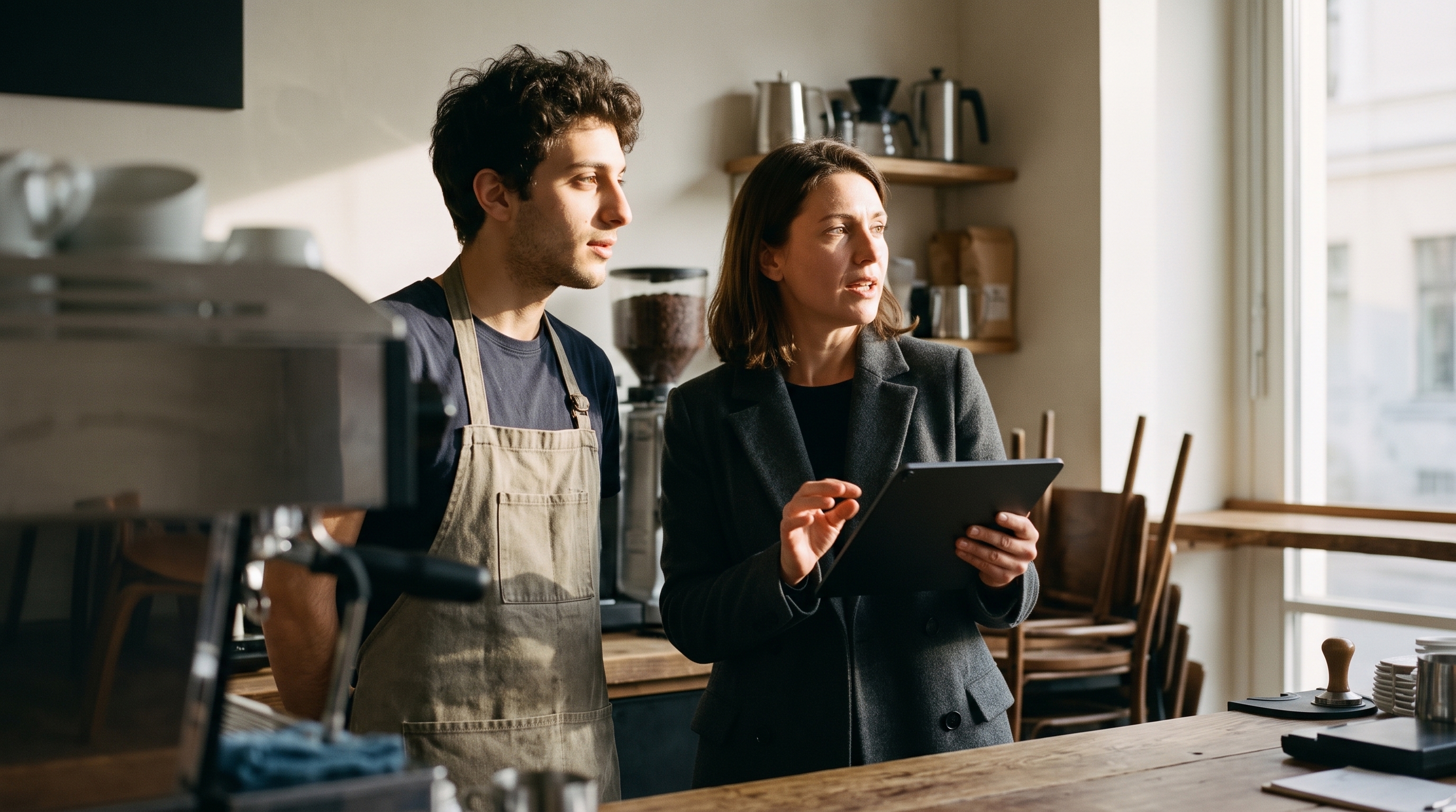 A café worker and his manager behind a counter