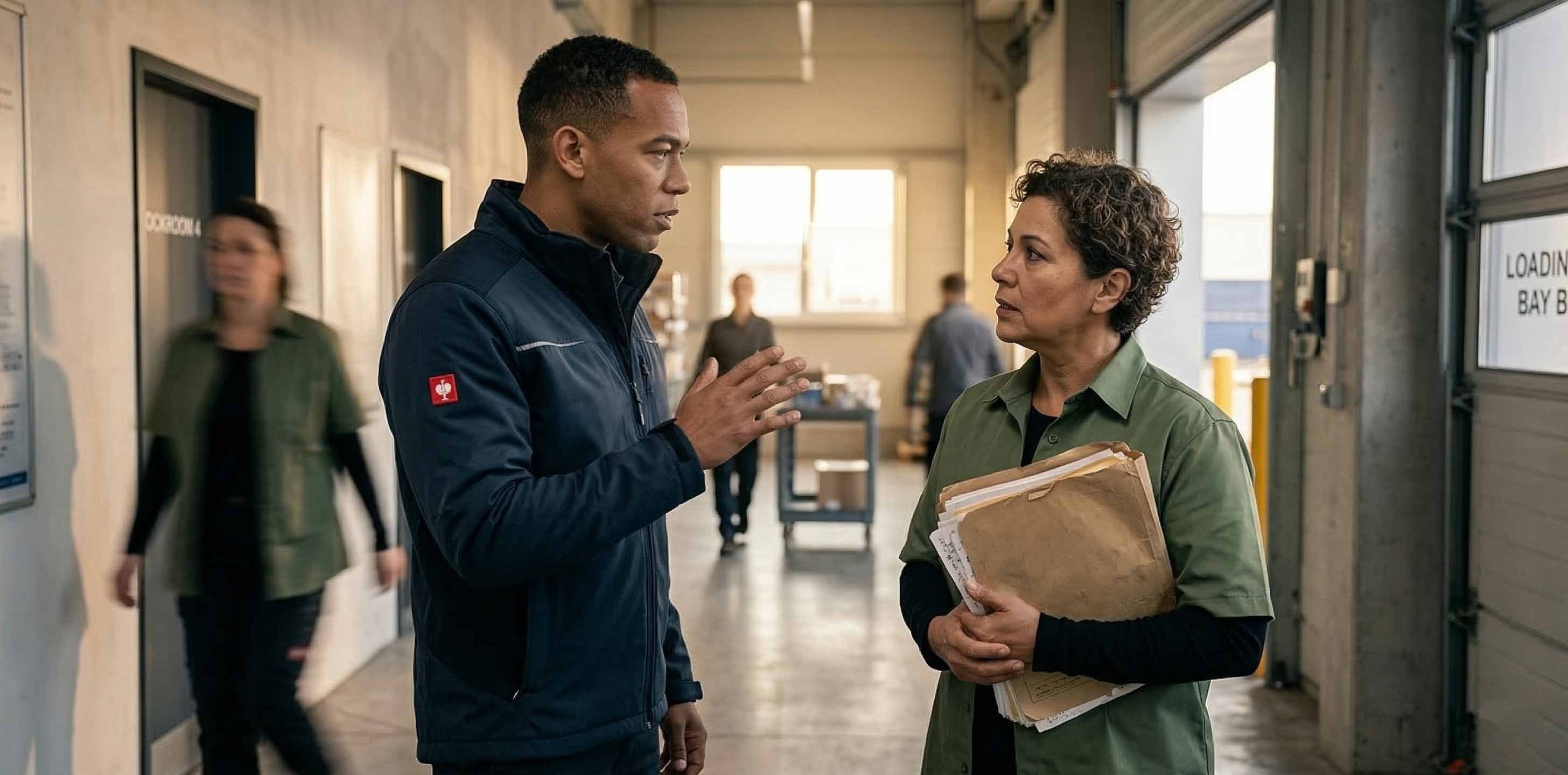 Two facility workers speaking in a hallway