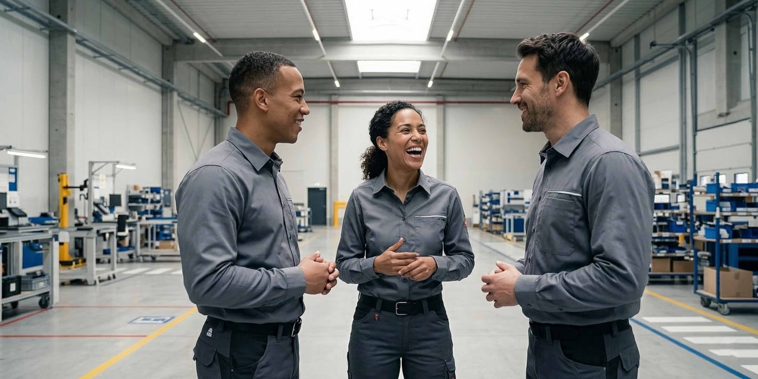 Three facility workers speaking on the floor