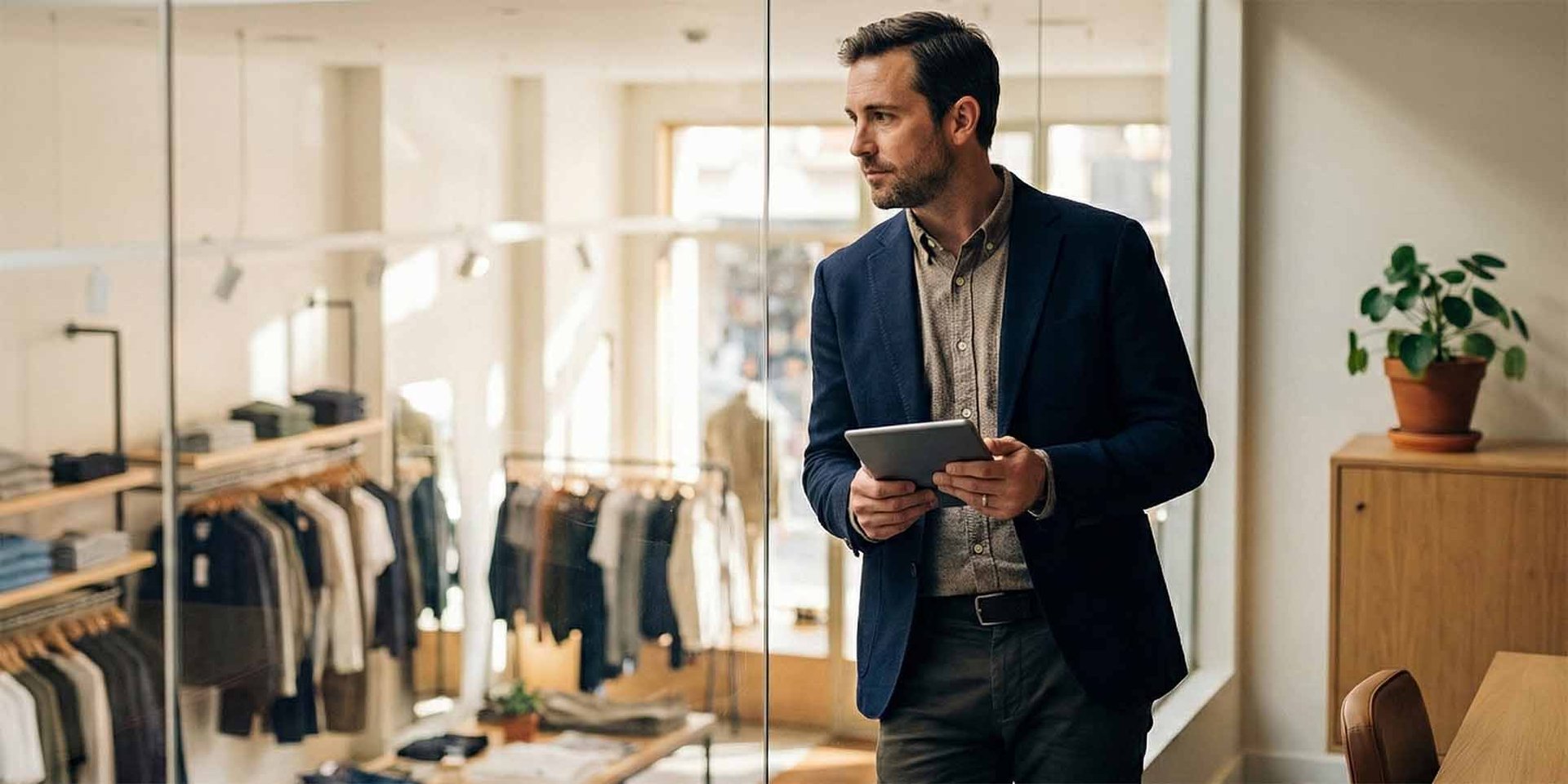 A retail manager looking down at the shop floor