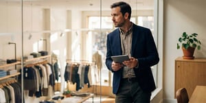 A retail manager looking down at the shop floor