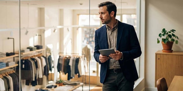 A retail manager looking down at the shop floor