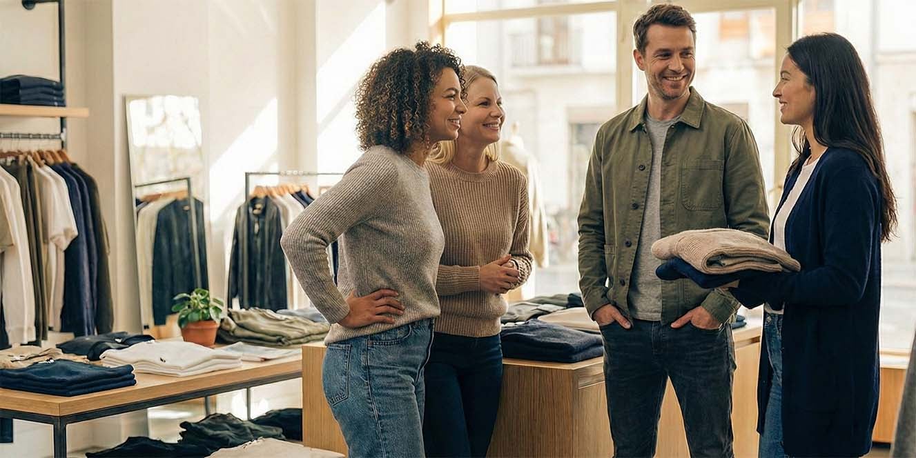 Two retail workers in conversation with clients