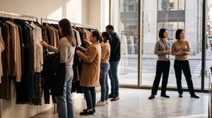 Two retail store workers standing next to a clothing rack