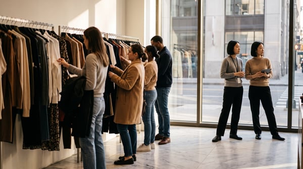 Two retail store workers standing next to a clothing rack