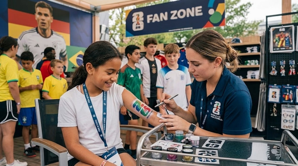 A retail worker painting the arm of a customer