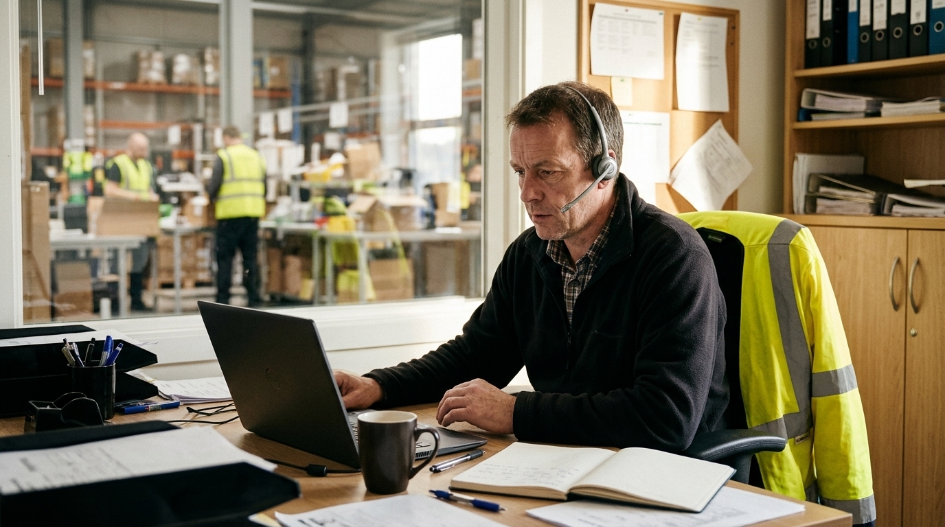 Manager reviewing data on laptop