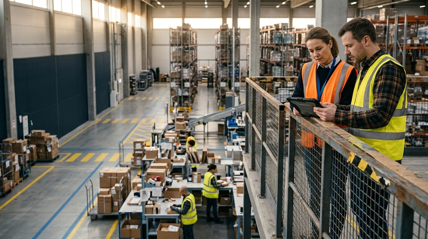 Managers reviewing tablet in warehouse