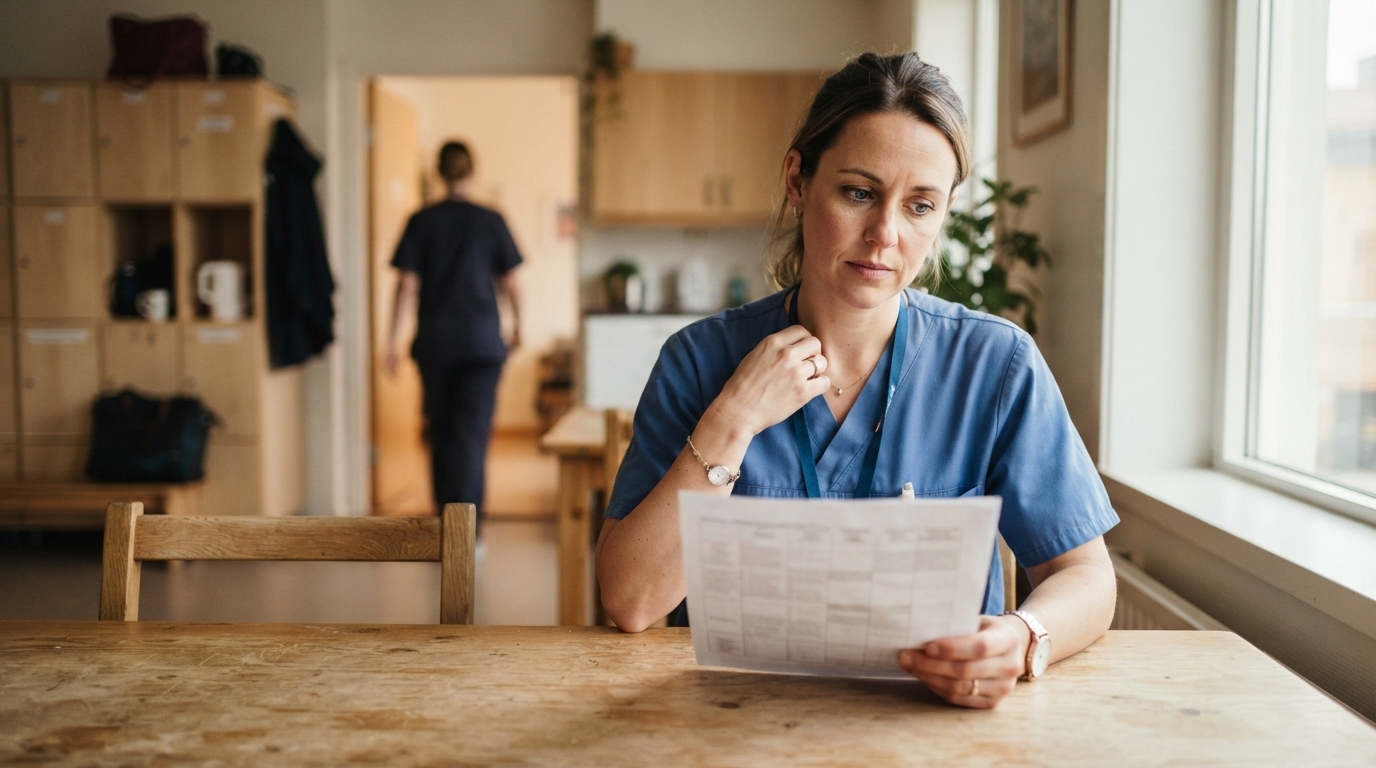 Nurse studying rota in staffroom