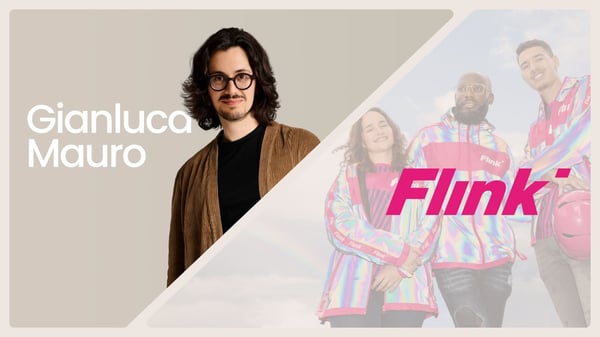 Split image featuring Gianluca Mauro on the left, a speaker wearing glasses and a brown jacket, and Flink delivery riders on the right in vibrant pink and reflective jackets with the Flink logo.