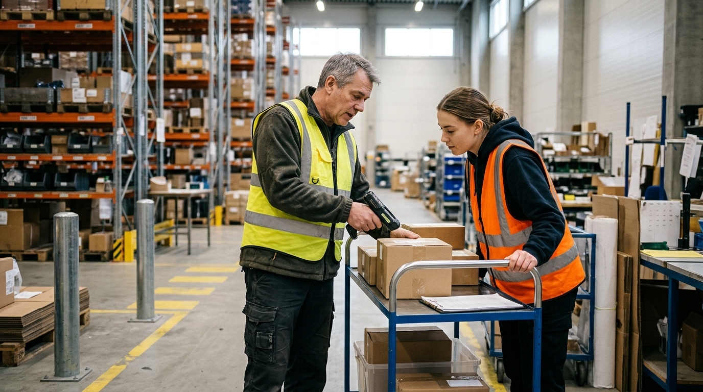 Warehouse employee coaching new starter