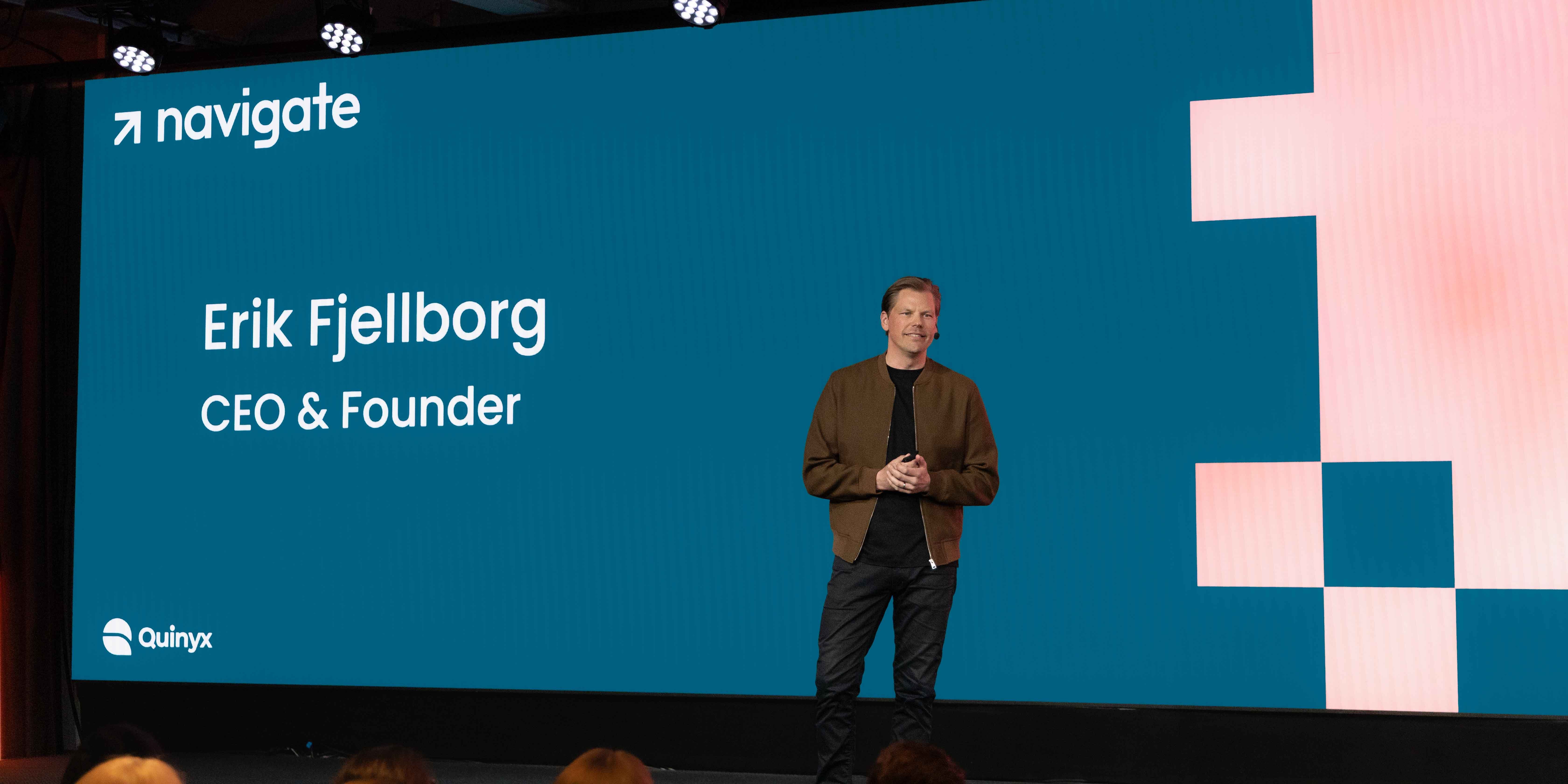 Quinyx CEO Erik Fjellborg on stage at Navigate 2026