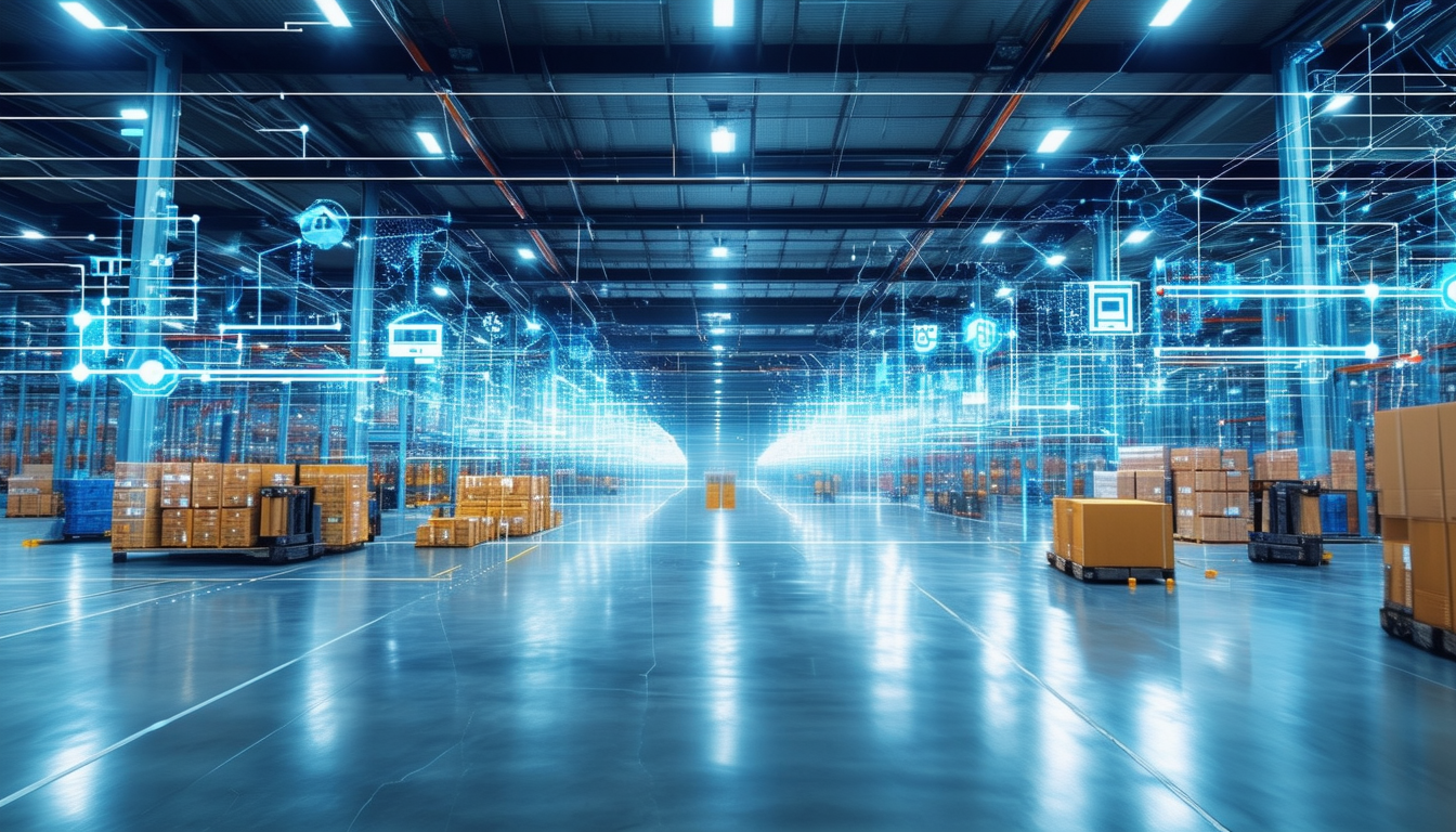 A modern logistics warehouse with an overlay of di
